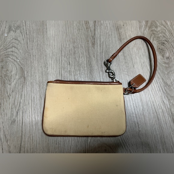 Coach Tan Canvas Wristlet with Red and Blue Stripe Accents - Picture 2 of 5